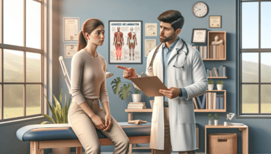 Gydytojas konsultuoja pacientę medicinos kabinete, aptariant raumenų uždegimą ir sveikatos problemas, medicinos įranga ir dokumentai fone.