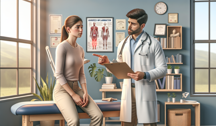 Gydytojas konsultuoja pacientę medicinos kabinete, aptariant raumenų uždegimą ir sveikatos problemas, medicinos įranga ir dokumentai fone.