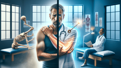 Paveikslėlis, vaizduojantis žmogų, kuris dalijasi sveikatos problemomis, ir gydytoją, atliekantį medicininę apžiūrą, su medicinos įranga ir anatomijos vaizdais fone.