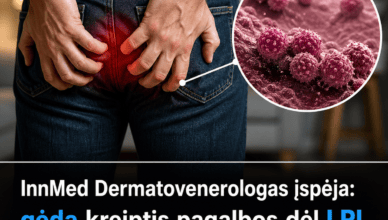 Nuotraukoje matomas asmuo, kuris laiko savo sėdmenis, ir mikroskopinis vaizdas, vaizduojantis viruso daleles, susijusias su lytiškai plintančiomis ligomis (LPL), pabrėžiant svarbą laiku kreiptis į gyd.