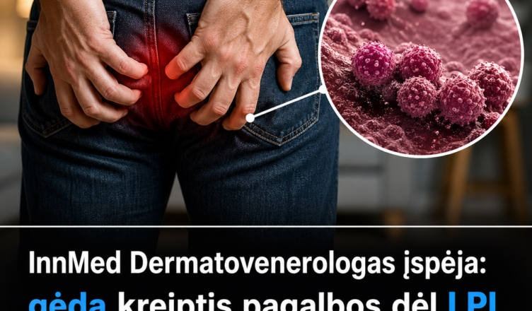 Nuotraukoje matomas asmuo, kuris laiko savo sėdmenis, ir mikroskopinis vaizdas, vaizduojantis viruso daleles, susijusias su lytiškai plintančiomis ligomis (LPL), pabrėžiant svarbą laiku kreiptis į gyd.