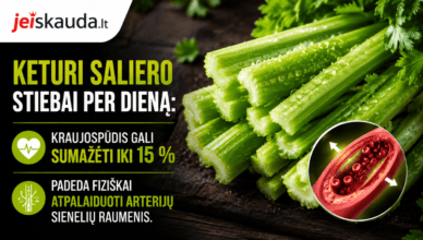 Švieži saliero stiebai su vaizdu, pabrėžiant jų naudą sveikatai, įskaitant kraujospūdžio mažinimą iki 15 % ir arterijų sveikatinimą.