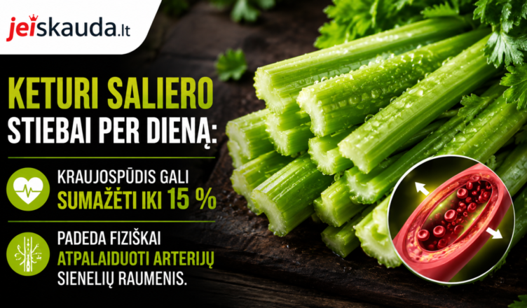 Švieži saliero stiebai su vaizdu, pabrėžiant jų naudą sveikatai, įskaitant kraujospūdžio mažinimą iki 15 % ir arterijų sveikatinimą.