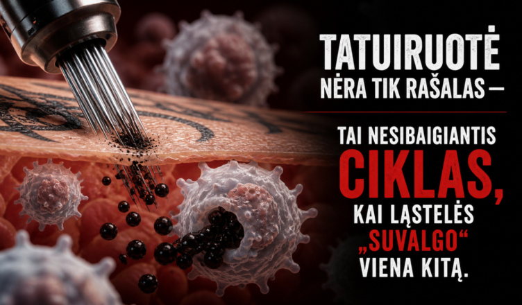 Detali medicininė iliustracija, kurioje matyti odos tatuiruotės procesas ir imuninės ląstelės, svarbios odos sveikatai ir gijimui.