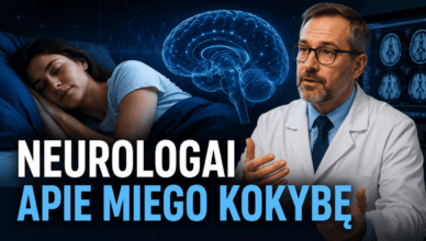 Neurologas konsultuoja pacientą apie miego sutrikimus, su vaizdu smegenų ir neurologijos simbolių fonu, susijusiu su sveikata ir neurologijos tema.
