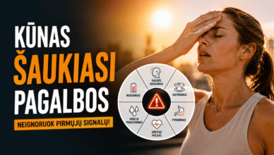 Moters galvos skausmas ir karščio poveikio simptomai, susiję su organizmo signalais.