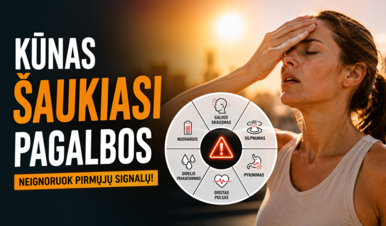 Moters galvos skausmas ir karščio poveikio simptomai, susiję su organizmo signalais.