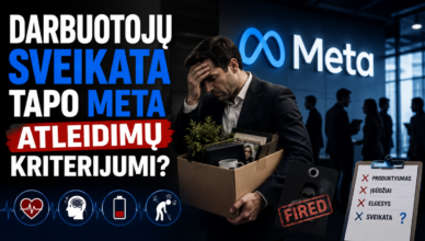 Darbuotojas laiko dėžę su darbo priemonėmis, Meta logotipas fonas, susirūpinęs darbuotojas, darbuotojų sveikata ir atleidimų klausimas.