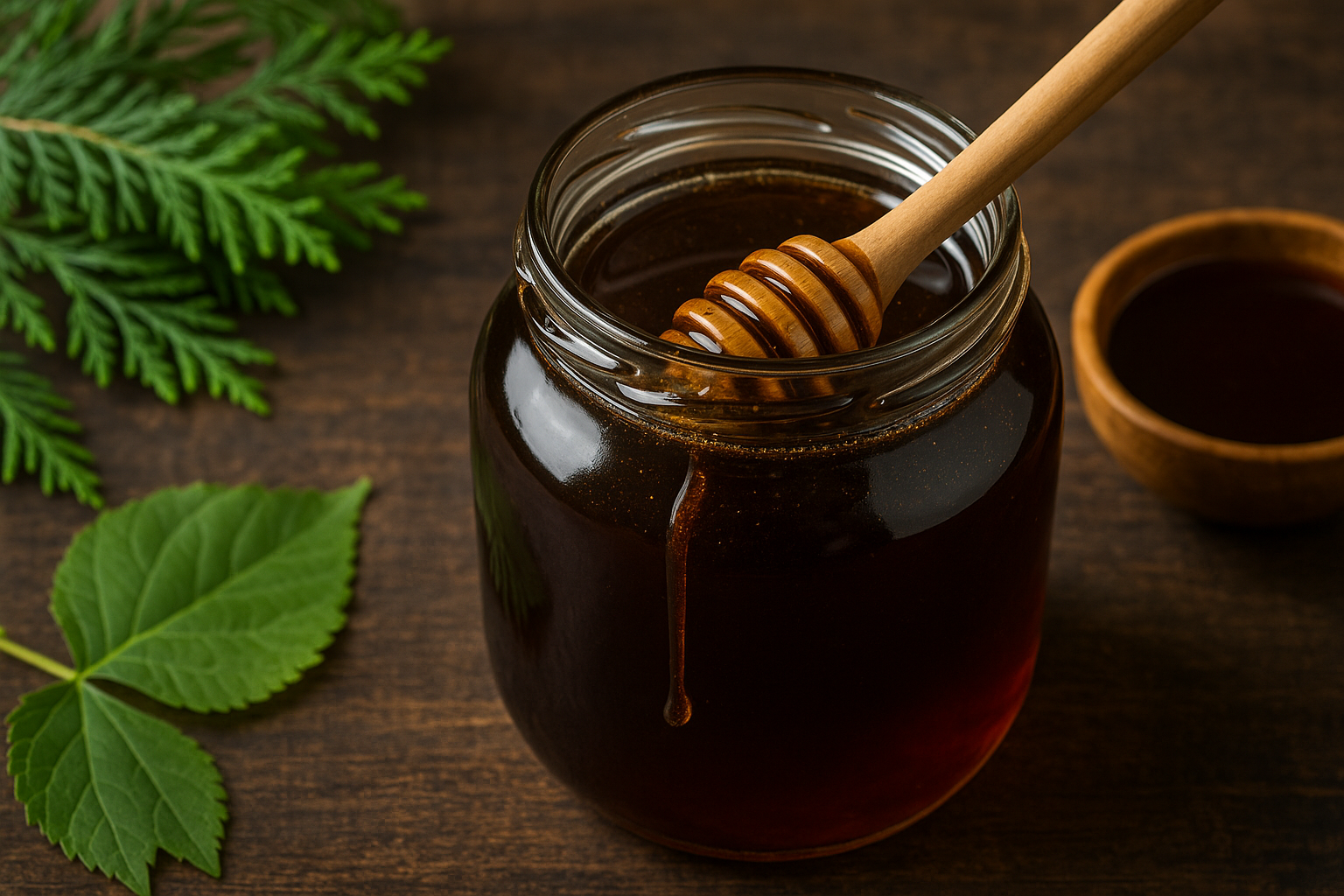 Šviežias medus su medaus šaukštu ir žalios lapų dekoracija, susijusi su sveikata ir natūraliais produktais.