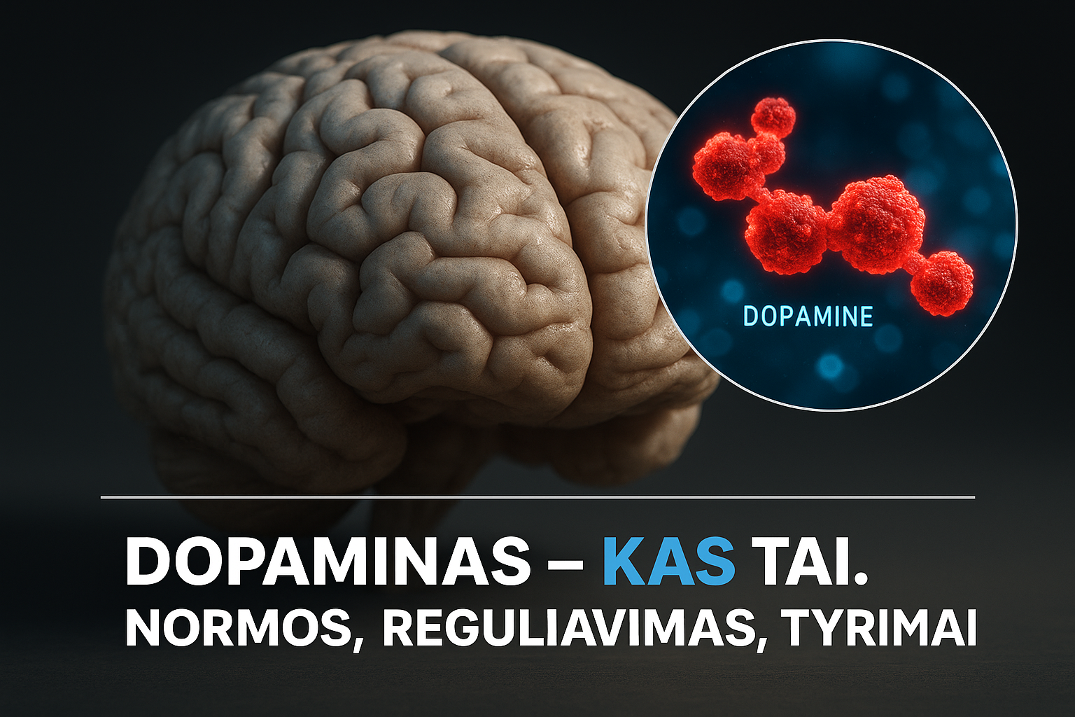 Smegenų paveikslas su dopamino molekule ir pavadinimu Dopamine, susijęs su dopamino funkcijomis ir reguliavimu.