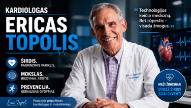 Ericas Topolis, kardiologas, mokslininkas ir skaitmeninės medicinos tyrėjas, nuotrauka su širdies monitoriumi ir kompiuterio ekranu.