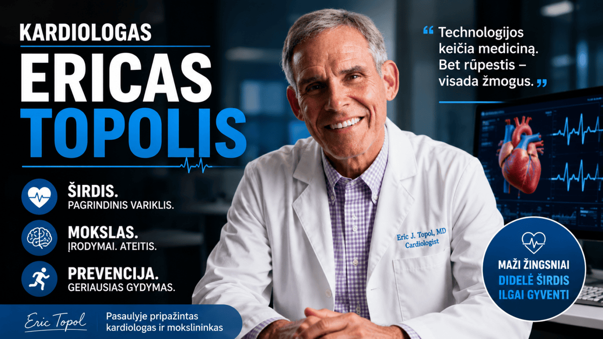Ericas Topolis: kardiologas, mokslininkas ir skaitmeninės medicinos tyrėjas 1 Ericas Topolis, kardiologas, mokslininkas ir skaitmeninės medicinos tyrėjas, nuotrauka su širdies monitoriumi ir kompiuterio ekranu.
