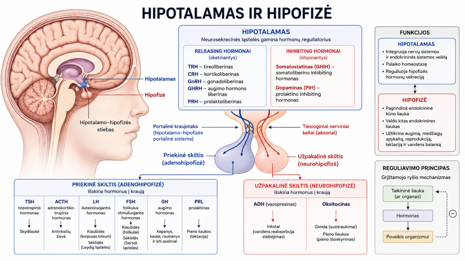 Hipofizė - kas tai 2 Detalus hipotalamo ir hipofizės funkcijų bei reguliavimo schema.