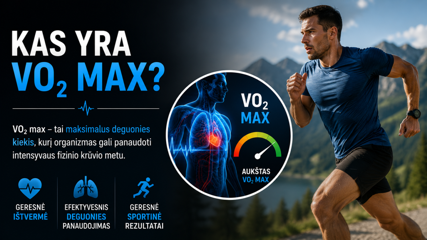 Sportininkas bėga kalnuose, iliustracija apie VO2 max ir fizinį pajėgumą.