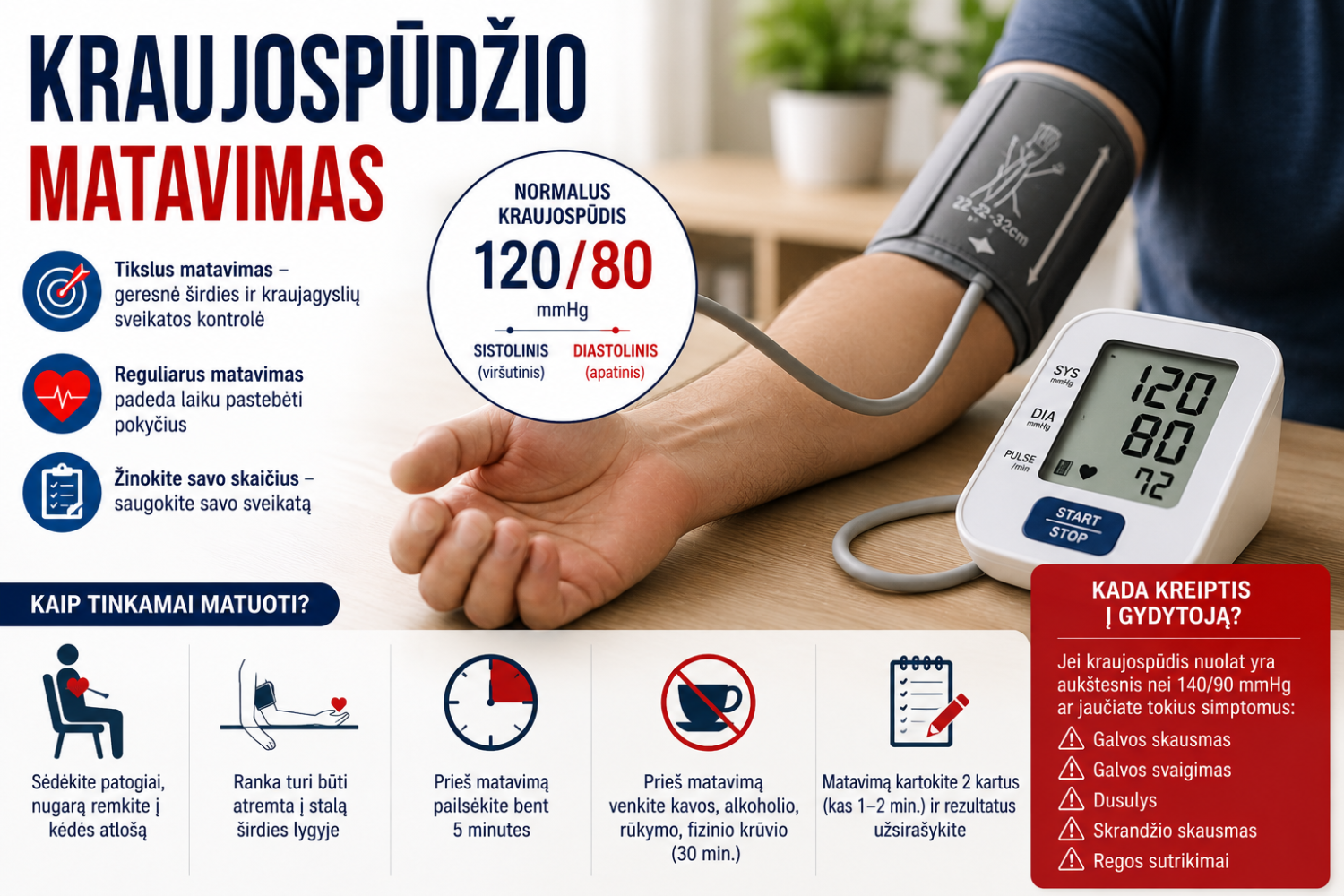Kraujospūdžio matavimo instrukcijos ir klaidos, naudojant kraujospūdžio matuoklį, sveikatos patarimai.