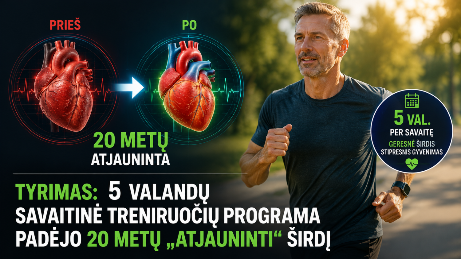 Vyresnis vyras bėgioja lauke, rodyklės rodo širdies pagerėjimą po 5 savaičių treniruočių programos.