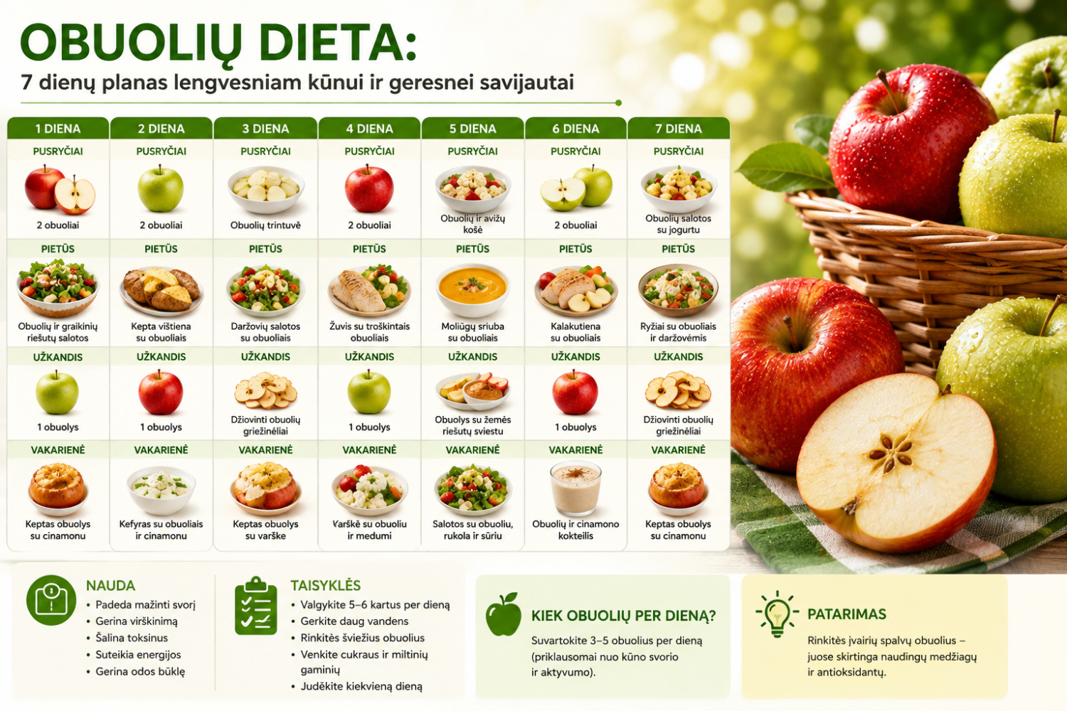 Obuolių dieta: meniu kievienai dienai. Mokslinis pagrindas 2 Obuolių dieta planas su vaisiais ir receptais, skirtas sveikai mitybai.
